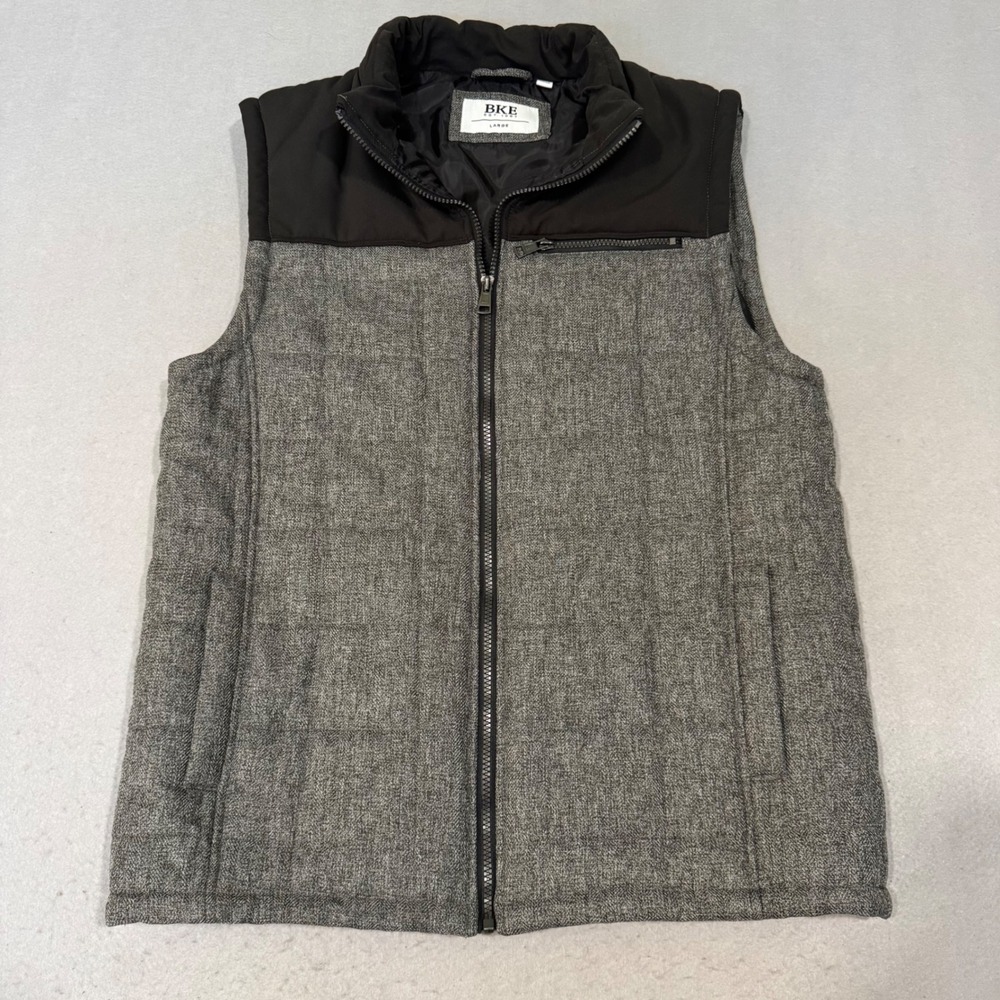 BKE Vest Mens Large Grey Black Herringbone Tweed Mixed Media Full Zip Quilted